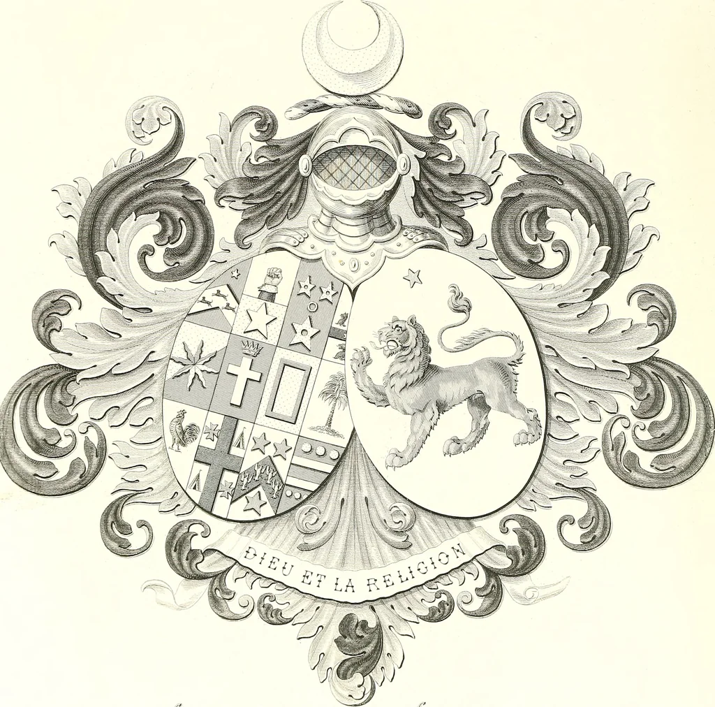 An illustration from Armorial of Jersey : being an account, heraldic and antiquarian, of its chief native families, with pedigrees, biographical notices, and illustrative data; to which are added, a brief history of heraldry, and remarks on the mediæval antiquities of the island, 1859, leaf 465