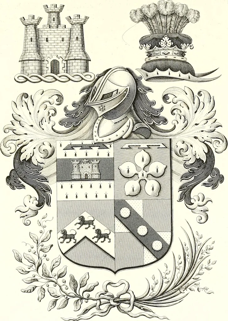 An illustration from Armorial of Jersey : being an account, heraldic and antiquarian, of its chief native families, with pedigrees, biographical notices, and illustrative data; to which are added, a brief history of heraldry, and remarks on the mediæval antiquities of the island, 1859, leaf 472