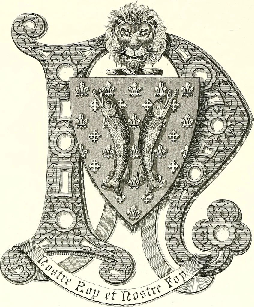 An illustration from Armorial of Jersey : being an account, heraldic and antiquarian, of its chief native families, with pedigrees, biographical notices, and illustrative data; to which are added, a brief history of heraldry, and remarks on the mediæval antiquities of the island, 1859, leaf 475