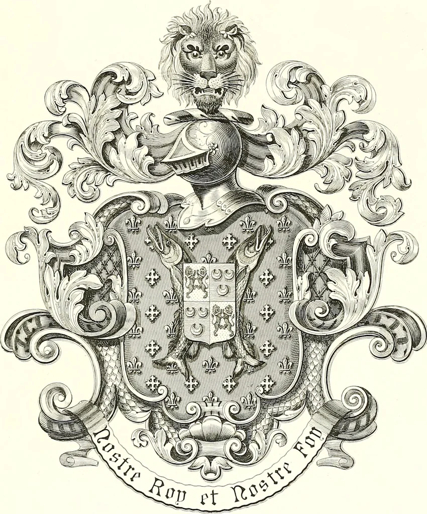 An illustration from Armorial of Jersey : being an account, heraldic and antiquarian, of its chief native families, with pedigrees, biographical notices, and illustrative data; to which are added, a brief history of heraldry, and remarks on the mediæval antiquities of the island, 1859, leaf 478