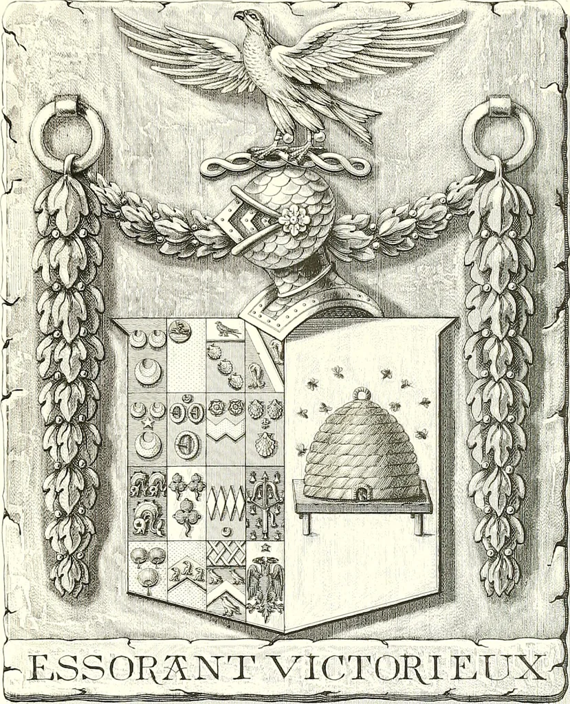 An illustration from Armorial of Jersey : being an account, heraldic and antiquarian, of its chief native families, with pedigrees, biographical notices, and illustrative data; to which are added, a brief history of heraldry, and remarks on the mediæval antiquities of the island, 1859, leaf 482