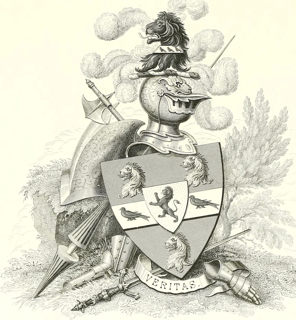 An illustration from Armorial of Jersey : being an account, heraldic and antiquarian, of its chief native families, with pedigrees, biographical notices, and illustrative data; to which are added, a brief history of heraldry, and remarks on the mediæval antiquities of the island, 1859, leaf 485