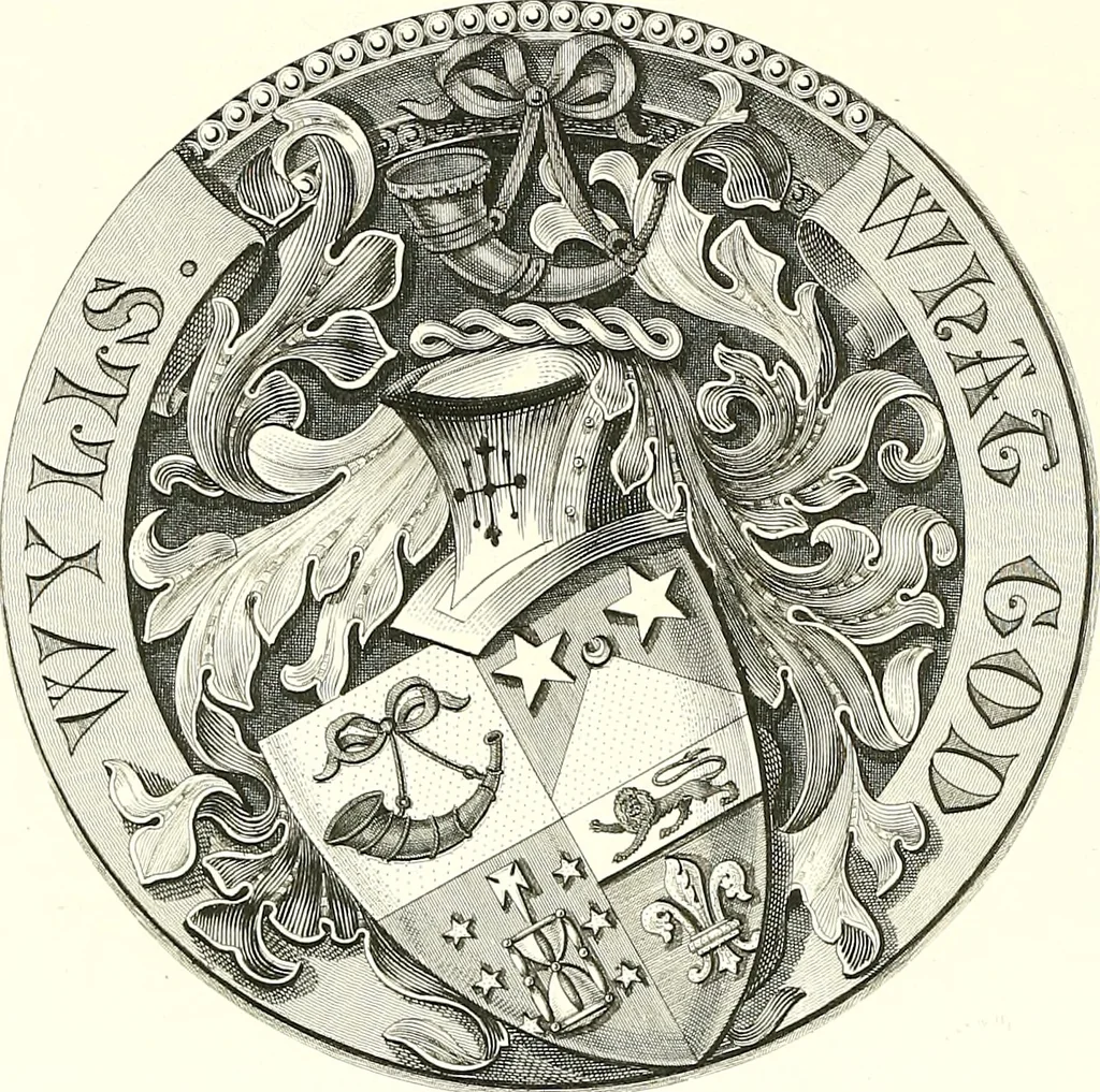 An illustration from Armorial of Jersey : being an account, heraldic and antiquarian, of its chief native families, with pedigrees, biographical notices, and illustrative data; to which are added, a brief history of heraldry, and remarks on the mediæval antiquities of the island, 1859, leaf 489
