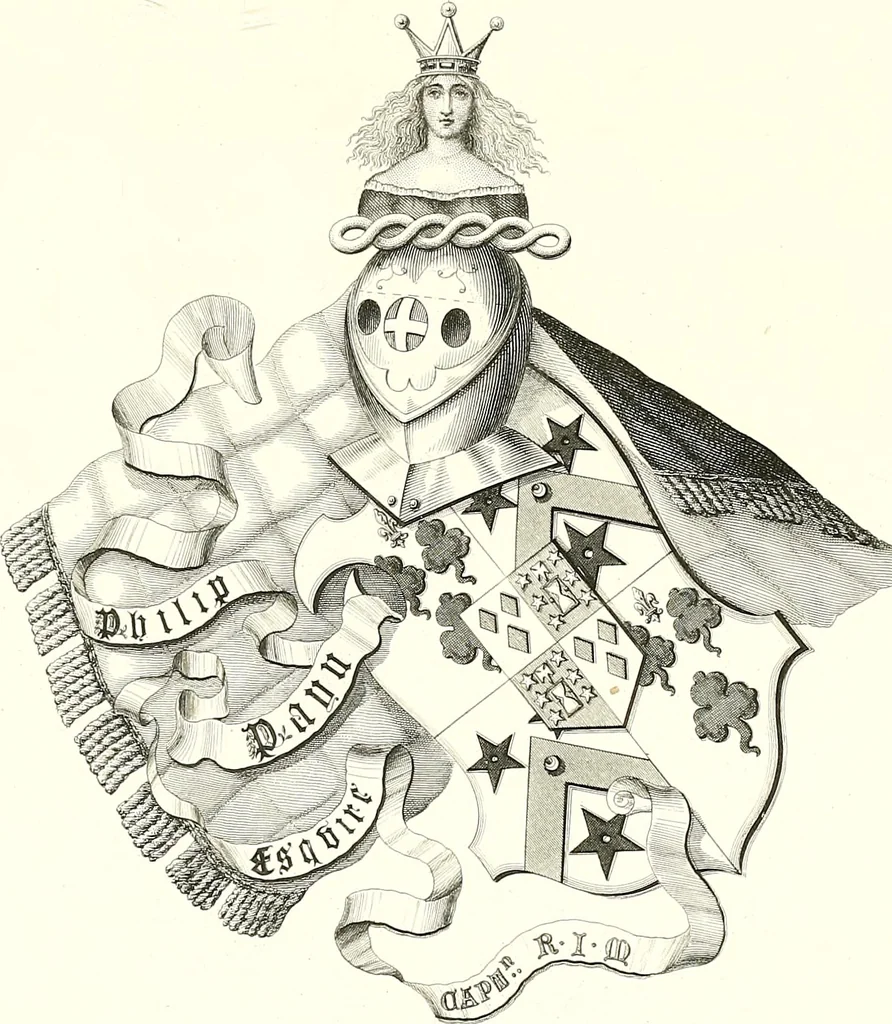 An illustration from Armorial of Jersey : being an account, heraldic and antiquarian, of its chief native families, with pedigrees, biographical notices, and illustrative data; to which are added, a brief history of heraldry, and remarks on the mediæval antiquities of the island, 1859, leaf 494