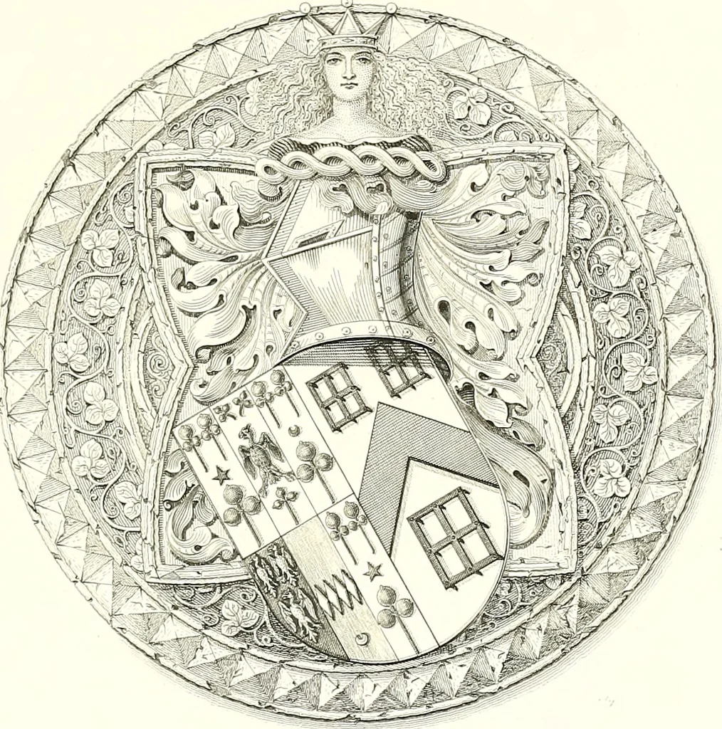 An illustration from Armorial of Jersey : being an account, heraldic and antiquarian, of its chief native families, with pedigrees, biographical notices, and illustrative data; to which are added, a brief history of heraldry, and remarks on the mediæval antiquities of the island, 1859, leaf 496