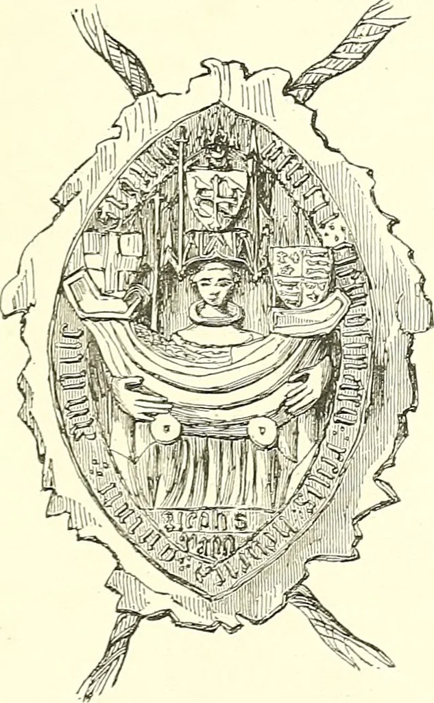 An illustration from Armorial of Jersey : being an account, heraldic and antiquarian, of its chief native families, with pedigrees, biographical notices, and illustrative data; to which are added, a brief history of heraldry, and remarks on the mediæval antiquities of the island, 1859, leaf 504