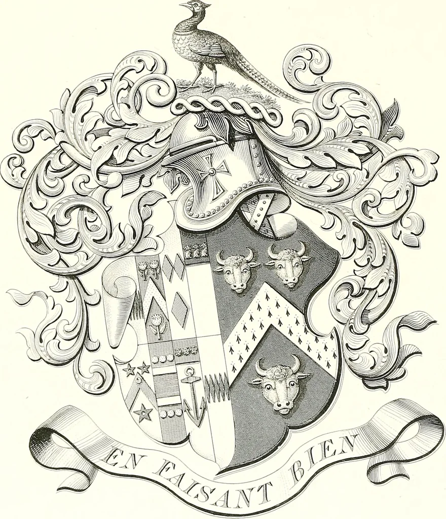 An illustration from Armorial of Jersey : being an account, heraldic and antiquarian, of its chief native families, with pedigrees, biographical notices, and illustrative data; to which are added, a brief history of heraldry, and remarks on the mediæval antiquities of the island, 1859, leaf 513