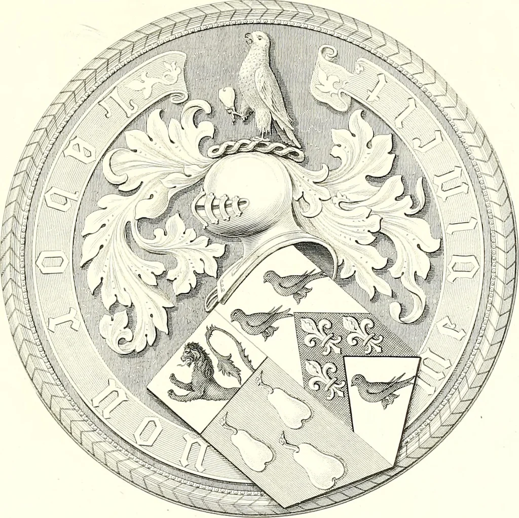 An illustration from Armorial of Jersey : being an account, heraldic and antiquarian, of its chief native families, with pedigrees, biographical notices, and illustrative data; to which are added, a brief history of heraldry, and remarks on the mediæval antiquities of the island, 1859, leaf 516