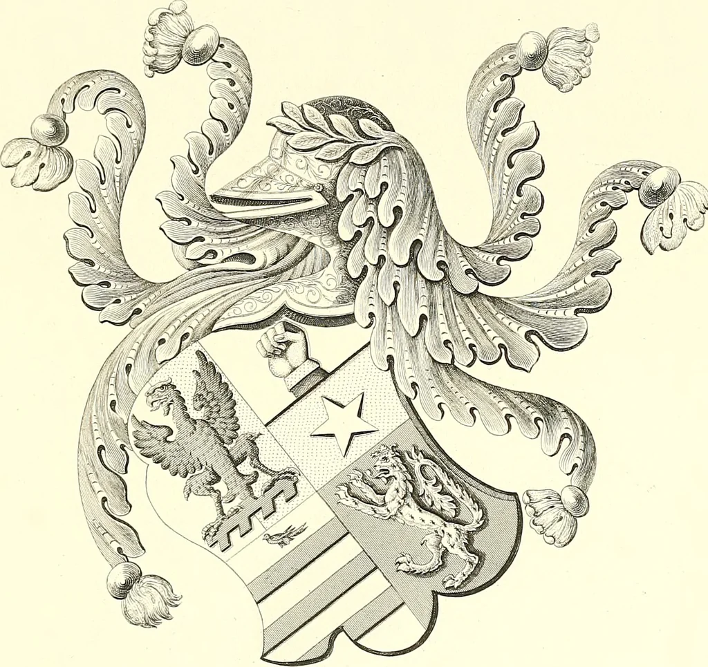 An illustration from Armorial of Jersey : being an account, heraldic and antiquarian, of its chief native families, with pedigrees, biographical notices, and illustrative data; to which are added, a brief history of heraldry, and remarks on the mediæval antiquities of the island, 1859, leaf 520