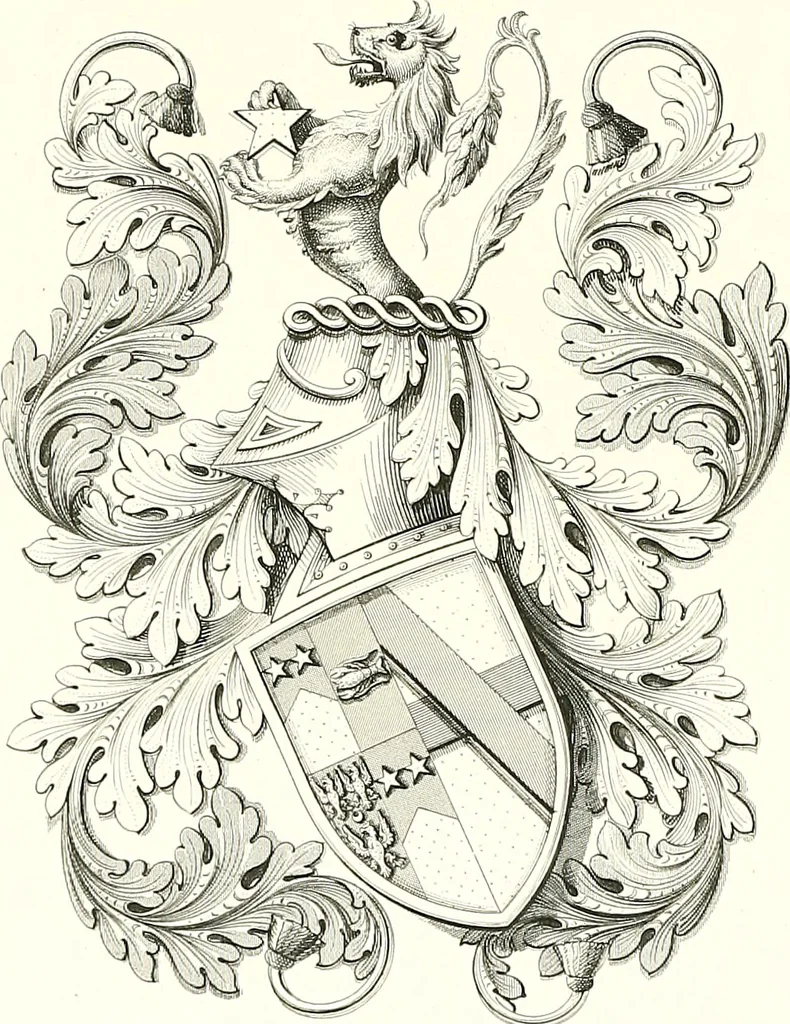 An illustration from Armorial of Jersey : being an account, heraldic and antiquarian, of its chief native families, with pedigrees, biographical notices, and illustrative data; to which are added, a brief history of heraldry, and remarks on the mediæval antiquities of the island, 1859, leaf 523