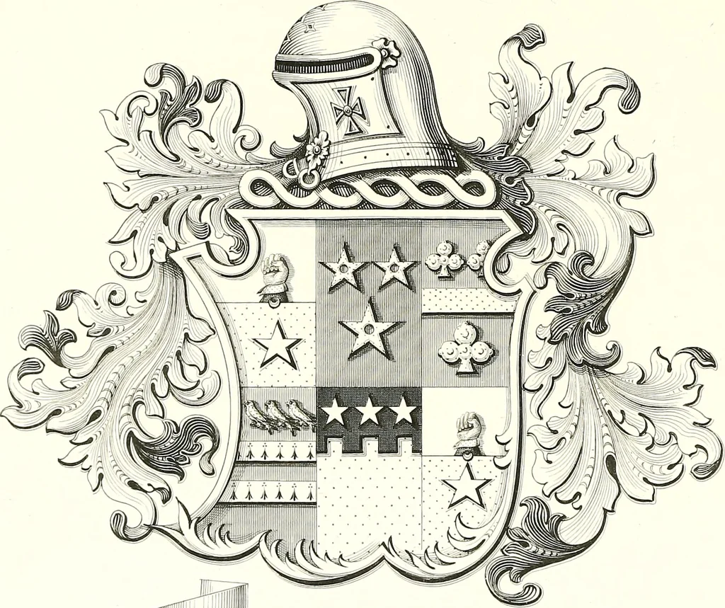 An illustration from Armorial of Jersey : being an account, heraldic and antiquarian, of its chief native families, with pedigrees, biographical notices, and illustrative data; to which are added, a brief history of heraldry, and remarks on the mediæval antiquities of the island, 1859, leaf 531