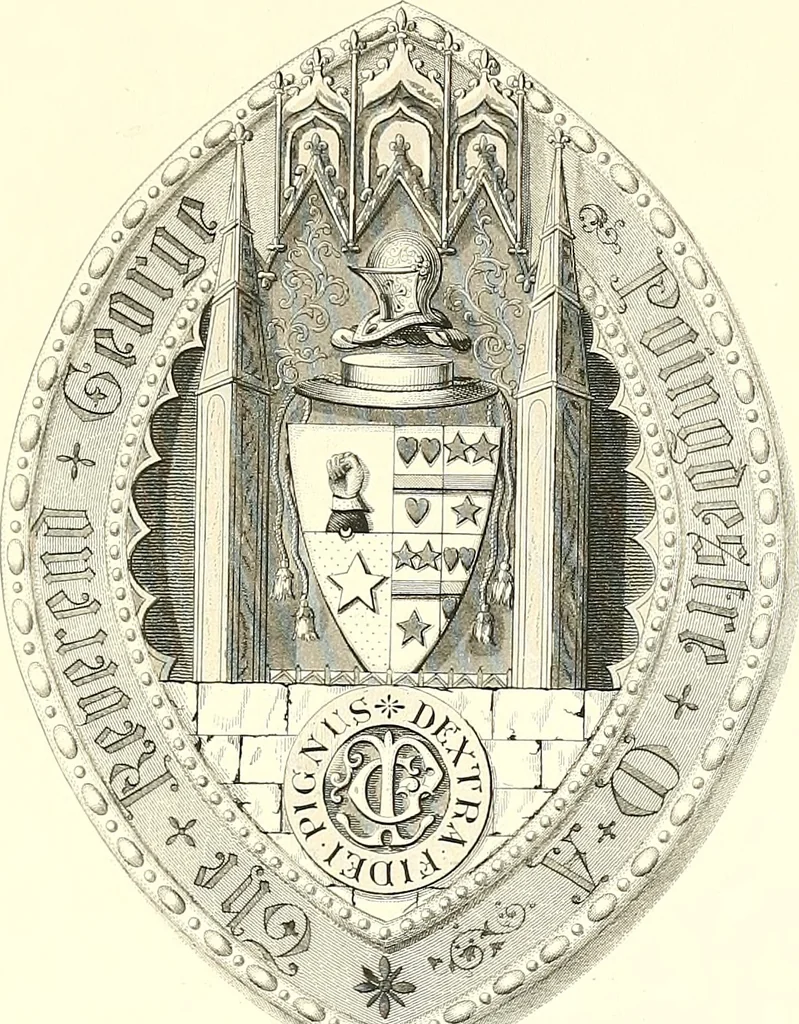 An illustration from Armorial of Jersey : being an account, heraldic and antiquarian, of its chief native families, with pedigrees, biographical notices, and illustrative data; to which are added, a brief history of heraldry, and remarks on the mediæval antiquities of the island, 1859, leaf 534