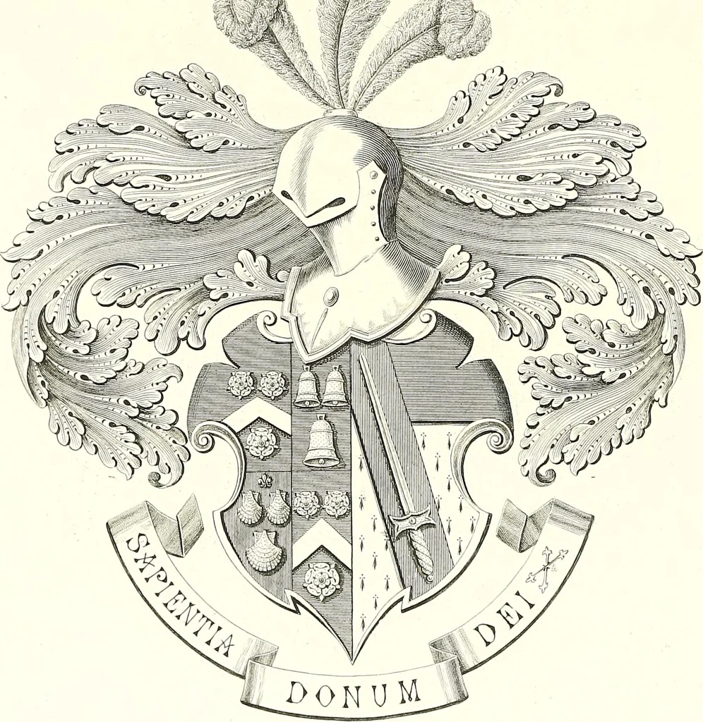 An illustration from Armorial of Jersey : being an account, heraldic and antiquarian, of its chief native families, with pedigrees, biographical notices, and illustrative data; to which are added, a brief history of heraldry, and remarks on the mediæval antiquities of the island, 1859, leaf 537