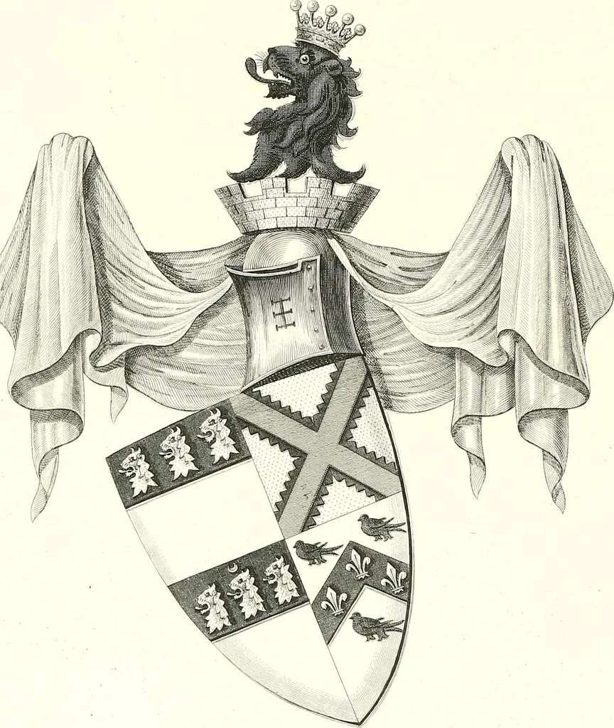 An illustration from Armorial of Jersey : being an account, heraldic and antiquarian, of its chief native families, with pedigrees, biographical notices, and illustrative data; to which are added, a brief history of heraldry, and remarks on the mediæval antiquities of the island, 1859, leaf 541