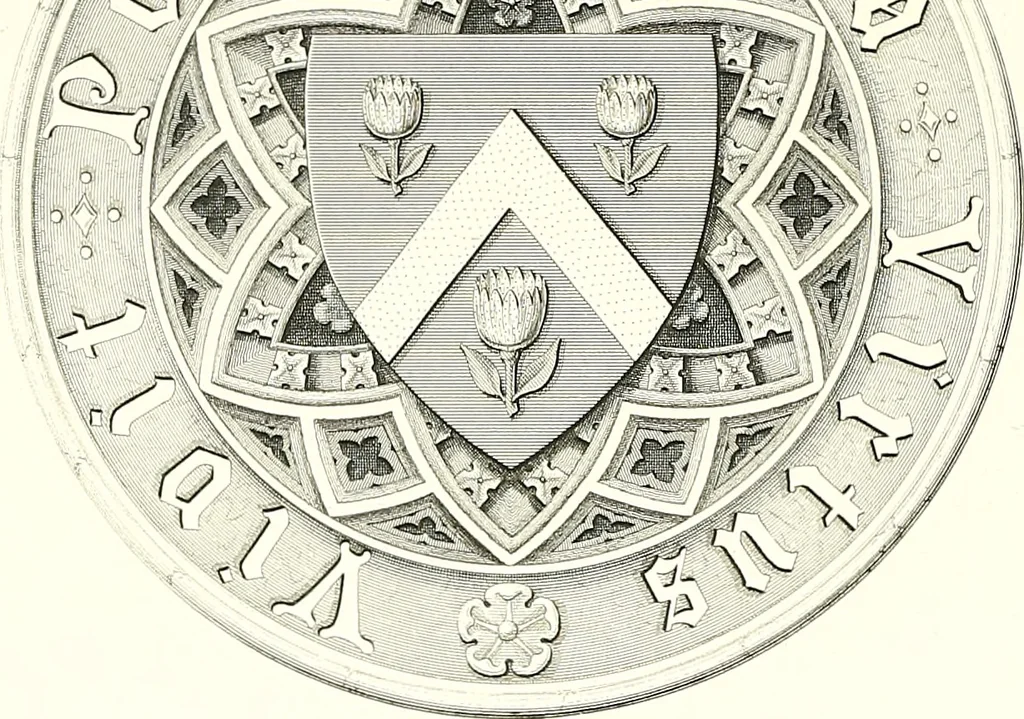 An illustration from Armorial of Jersey : being an account, heraldic and antiquarian, of its chief native families, with pedigrees, biographical notices, and illustrative data; to which are added, a brief history of heraldry, and remarks on the mediæval antiquities of the island, 1859, leaf 547
