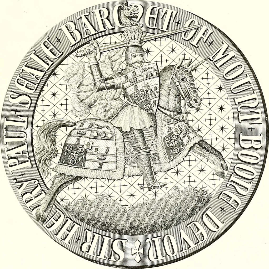 An illustration from Armorial of Jersey : being an account, heraldic and antiquarian, of its chief native families, with pedigrees, biographical notices, and illustrative data; to which are added, a brief history of heraldry, and remarks on the mediæval antiquities of the island, 1859, leaf 550