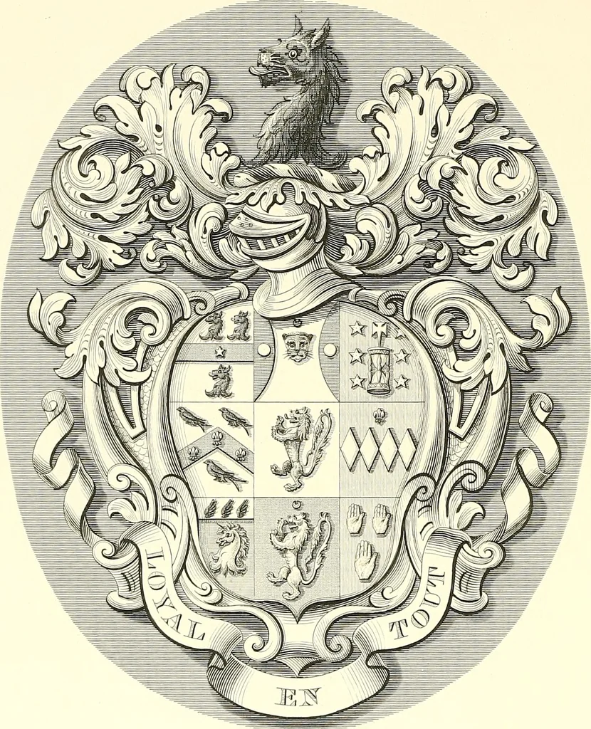 An illustration from Armorial of Jersey : being an account, heraldic and antiquarian, of its chief native families, with pedigrees, biographical notices, and illustrative data; to which are added, a brief history of heraldry, and remarks on the mediæval antiquities of the island, 1859, leaf 553