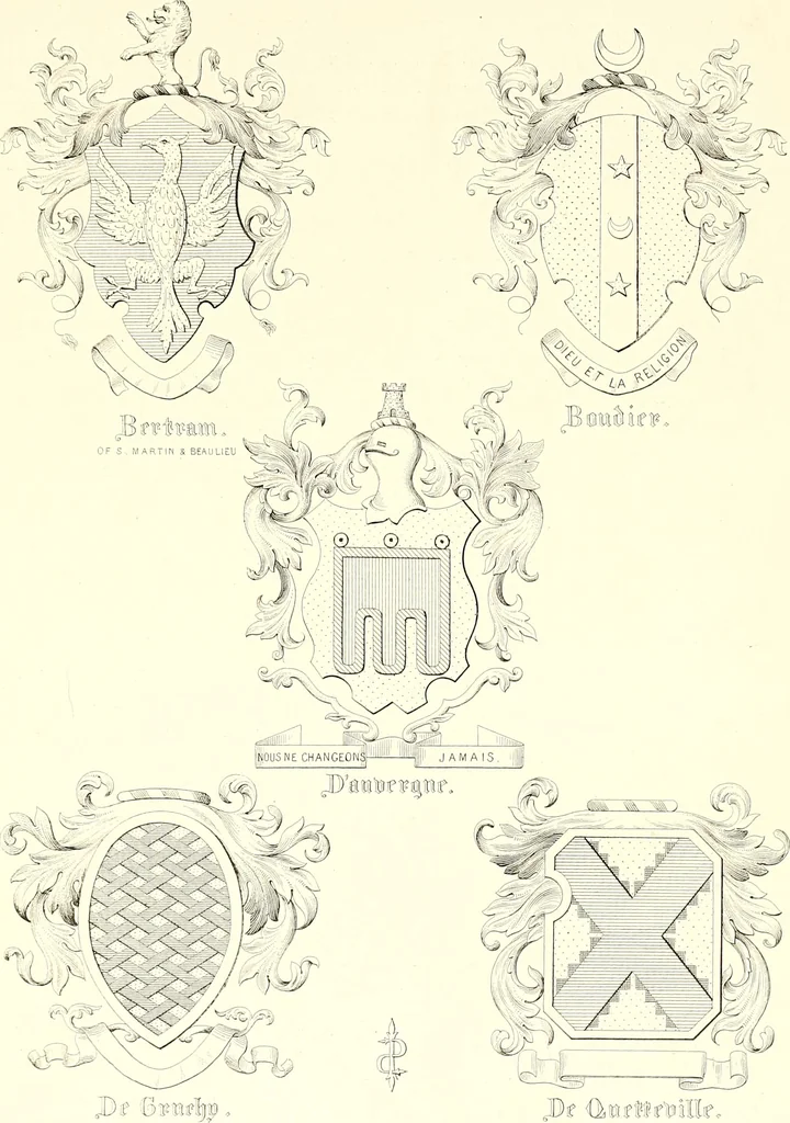 An illustration from Armorial of Jersey : being an account, heraldic and antiquarian, of its chief native families, with pedigrees, biographical notices, and illustrative data; to which are added, a brief history of heraldry, and remarks on the mediæval antiquities of the island, 1859, leaf 56