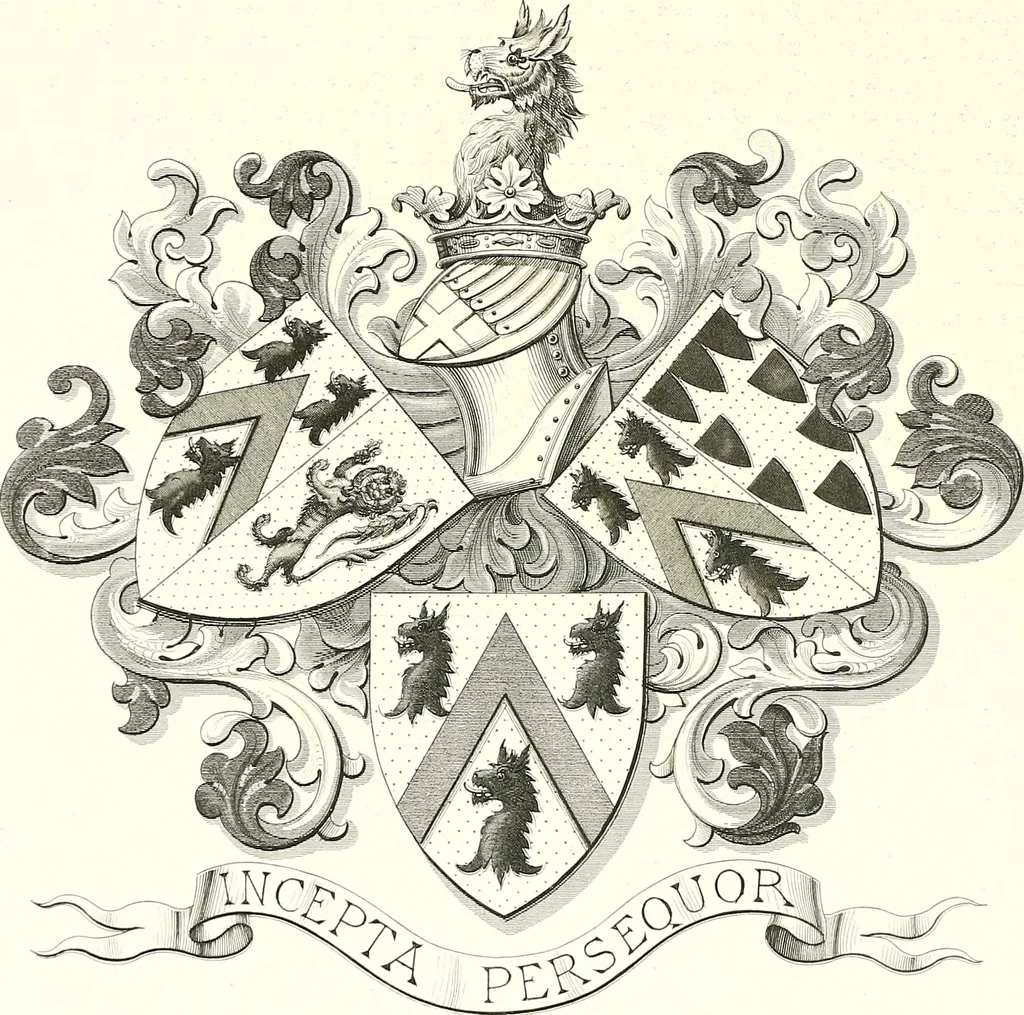 An illustration from Armorial of Jersey : being an account, heraldic and antiquarian, of its chief native families, with pedigrees, biographical notices, and illustrative data; to which are added, a brief history of heraldry, and remarks on the mediæval antiquities of the island, 1859, leaf 561