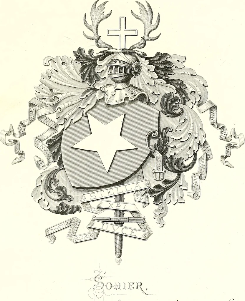 An illustration from Armorial of Jersey : being an account, heraldic and antiquarian, of its chief native families, with pedigrees, biographical notices, and illustrative data; to which are added, a brief history of heraldry, and remarks on the mediæval antiquities of the island, 1859, leaf 570