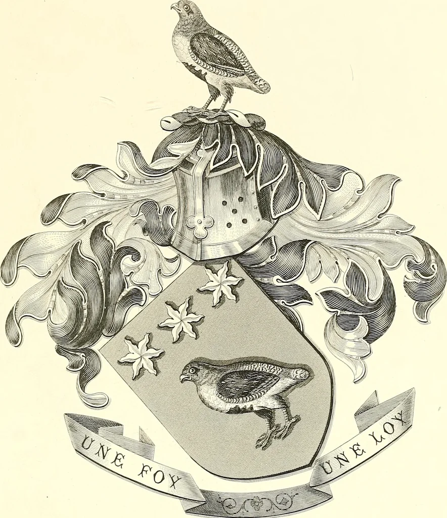 An illustration from Armorial of Jersey : being an account, heraldic and antiquarian, of its chief native families, with pedigrees, biographical notices, and illustrative data; to which are added, a brief history of heraldry, and remarks on the mediæval antiquities of the island, 1859, leaf 574