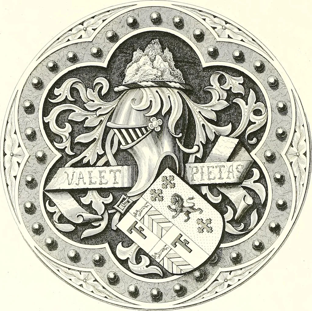 An illustration from Armorial of Jersey : being an account, heraldic and antiquarian, of its chief native families, with pedigrees, biographical notices, and illustrative data; to which are added, a brief history of heraldry, and remarks on the mediæval antiquities of the island, 1859, leaf 577