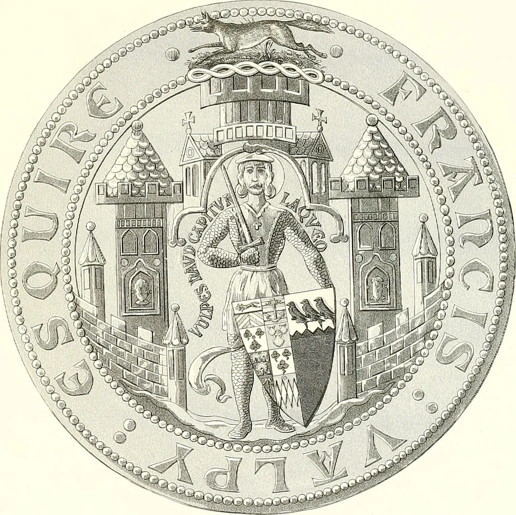 An illustration from Armorial of Jersey : being an account, heraldic and antiquarian, of its chief native families, with pedigrees, biographical notices, and illustrative data; to which are added, a brief history of heraldry, and remarks on the mediæval antiquities of the island, 1859, leaf 582