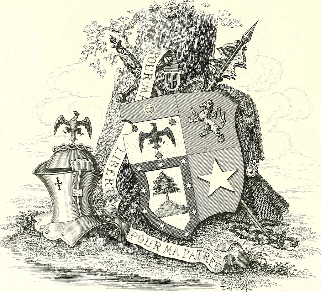 An illustration from Armorial of Jersey : being an account, heraldic and antiquarian, of its chief native families, with pedigrees, biographical notices, and illustrative data; to which are added, a brief history of heraldry, and remarks on the mediæval antiquities of the island, 1859, leaf 585