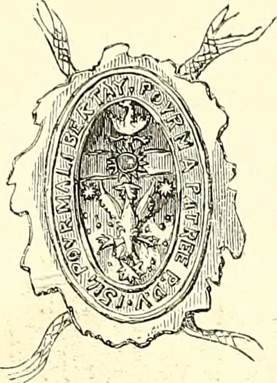 An illustration from Armorial of Jersey : being an account, heraldic and antiquarian, of its chief native families, with pedigrees, biographical notices, and illustrative data; to which are added, a brief history of heraldry, and remarks on the mediæval antiquities of the island, 1859, leaf 586