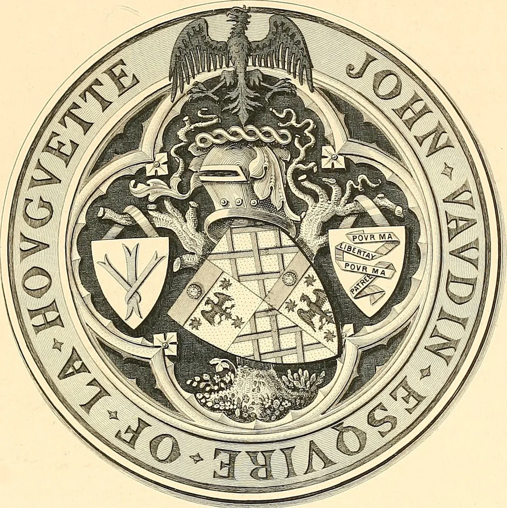An illustration from Armorial of Jersey : being an account, heraldic and antiquarian, of its chief native families, with pedigrees, biographical notices, and illustrative data; to which are added, a brief history of heraldry, and remarks on the mediæval antiquities of the island, 1859, leaf 588