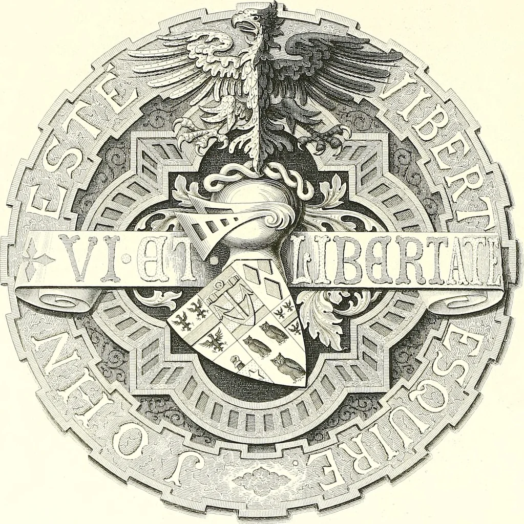 An illustration from Armorial of Jersey : being an account, heraldic and antiquarian, of its chief native families, with pedigrees, biographical notices, and illustrative data; to which are added, a brief history of heraldry, and remarks on the mediæval antiquities of the island, 1859, leaf 591
