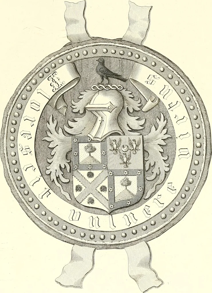 An illustration from Armorial of Jersey : being an account, heraldic and antiquarian, of its chief native families, with pedigrees, biographical notices, and illustrative data; to which are added, a brief history of heraldry, and remarks on the mediæval antiquities of the island, 1859, leaf 60