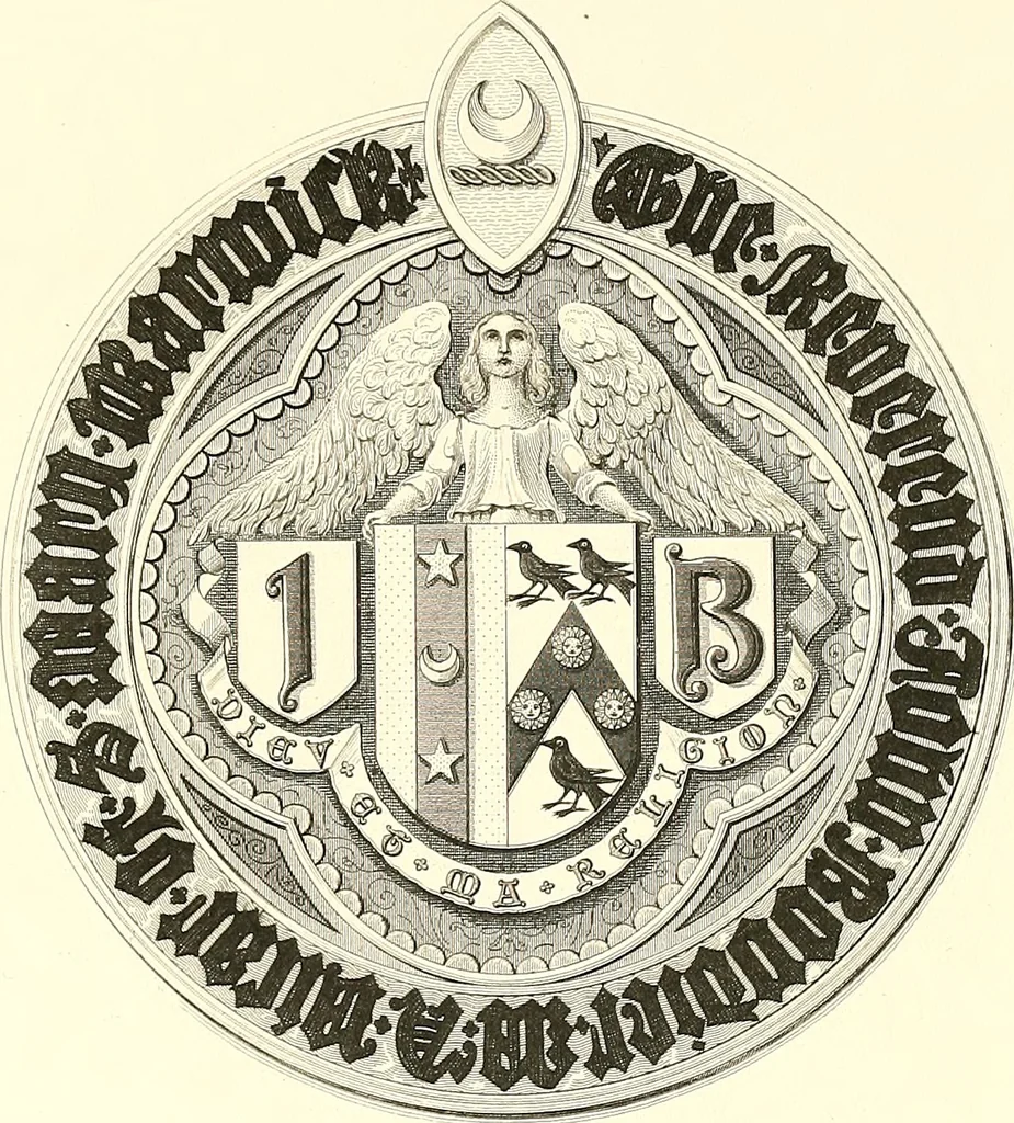 An illustration from Armorial of Jersey : being an account, heraldic and antiquarian, of its chief native families, with pedigrees, biographical notices, and illustrative data; to which are added, a brief history of heraldry, and remarks on the mediæval antiquities of the island, 1859, leaf 64