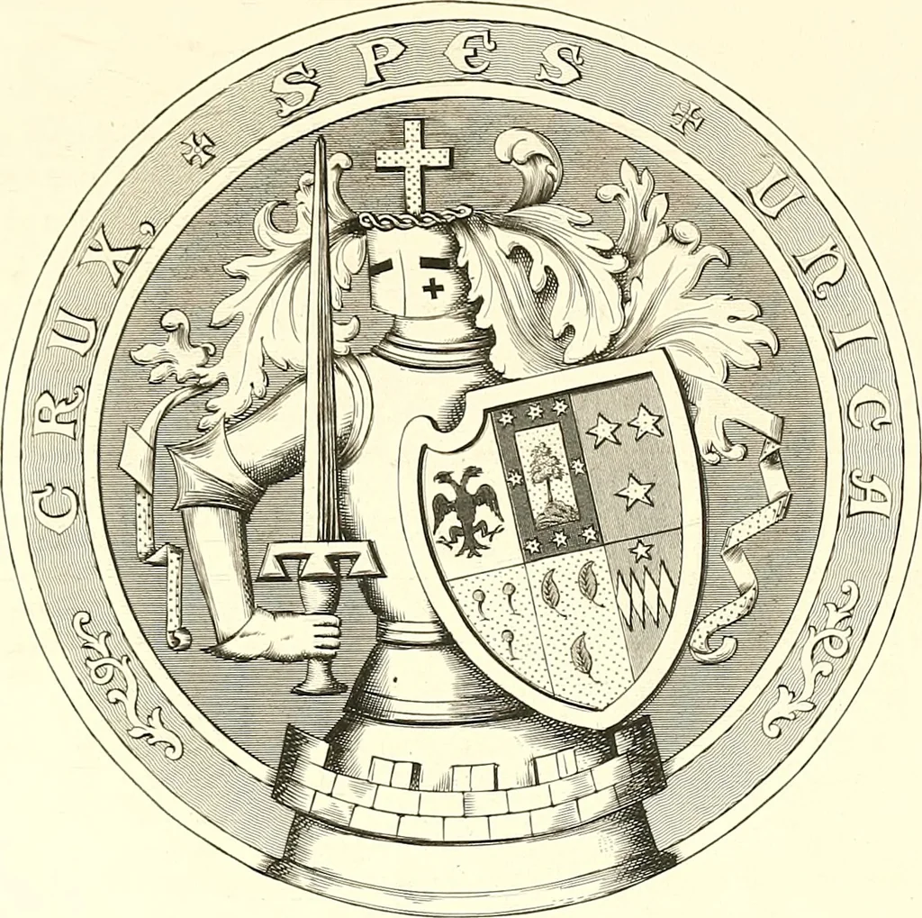 An illustration from Armorial of Jersey : being an account, heraldic and antiquarian, of its chief native families, with pedigrees, biographical notices, and illustrative data; to which are added, a brief history of heraldry, and remarks on the mediæval antiquities of the island, 1859, leaf 66