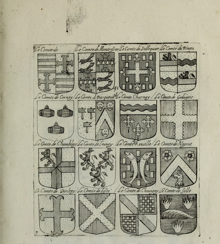 An illustration from Armorial vniuersel, contenant les armes des principales maisons, estatz, et dignitez, des plus considerables royaumes de l'Europe. Blazonnées de leurs métaux & couleurs et enrichies de leurs ornemens exterieurs, 1654, leaf 102