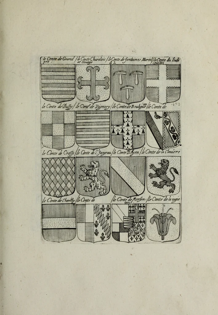 An illustration from Armorial vniuersel, contenant les armes des principales maisons, estatz, et dignitez, des plus considerables royaumes de l'Europe. Blazonnées de leurs métaux & couleurs et enrichies de leurs ornemens exterieurs, 1654, leaf 104