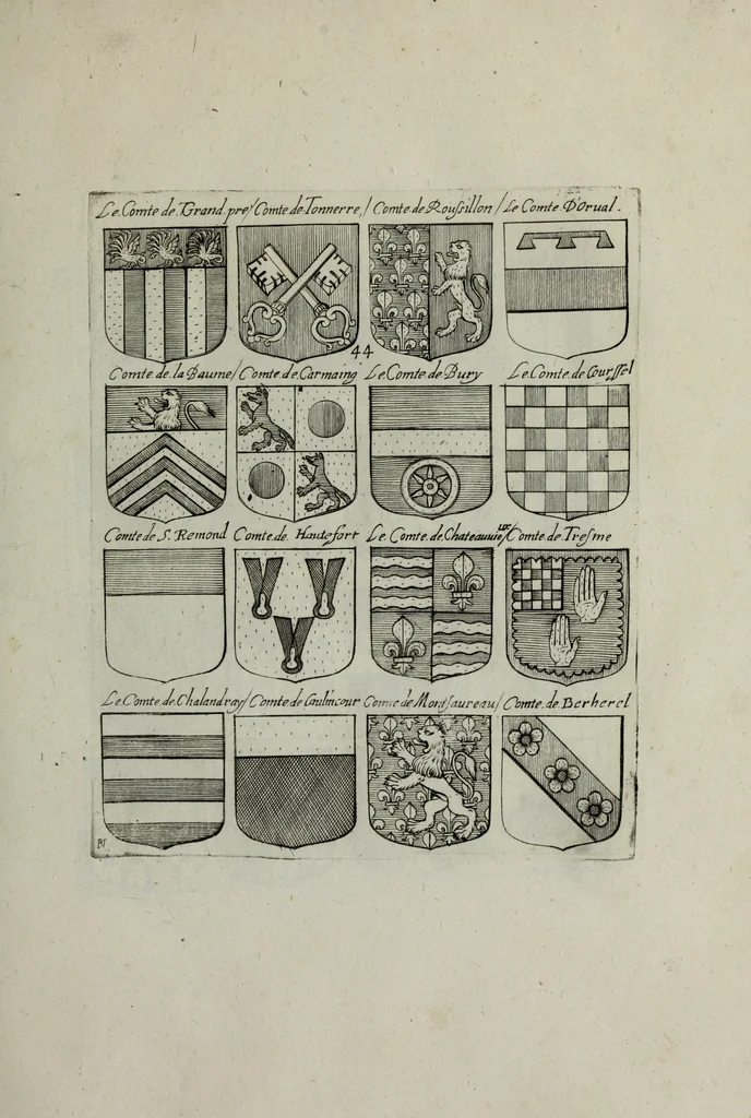 An illustration from Armorial vniuersel, contenant les armes des principales maisons, estatz, et dignitez, des plus considerables royaumes de l'Europe. Blazonnées de leurs métaux & couleurs et enrichies de leurs ornemens exterieurs, 1654, leaf 108