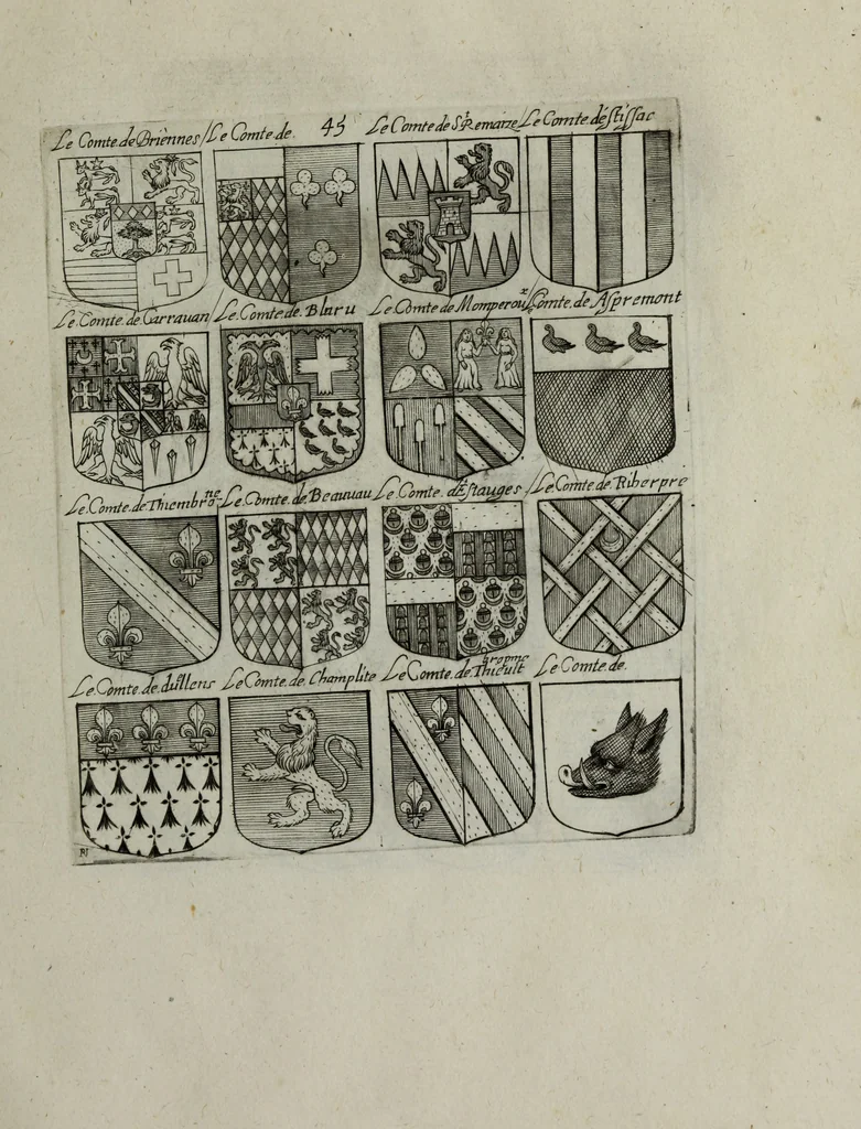 An illustration from Armorial vniuersel, contenant les armes des principales maisons, estatz, et dignitez, des plus considerables royaumes de l'Europe. Blazonnées de leurs métaux & couleurs et enrichies de leurs ornemens exterieurs, 1654, leaf 110