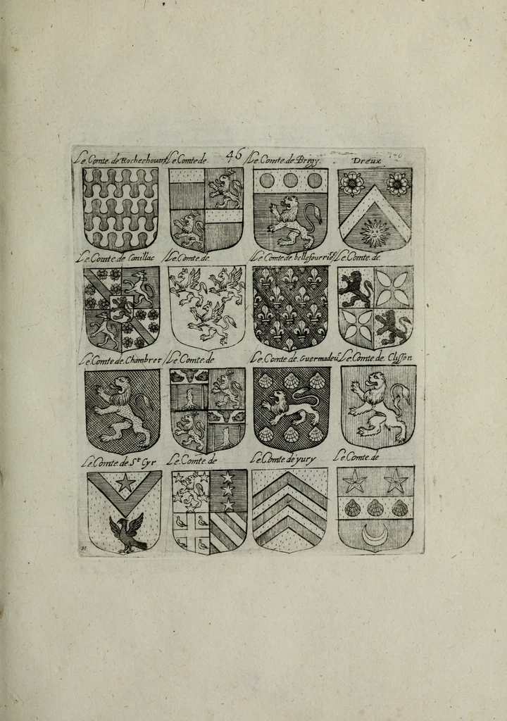 An illustration from Armorial vniuersel, contenant les armes des principales maisons, estatz, et dignitez, des plus considerables royaumes de l'Europe. Blazonnées de leurs métaux & couleurs et enrichies de leurs ornemens exterieurs, 1654, leaf 112