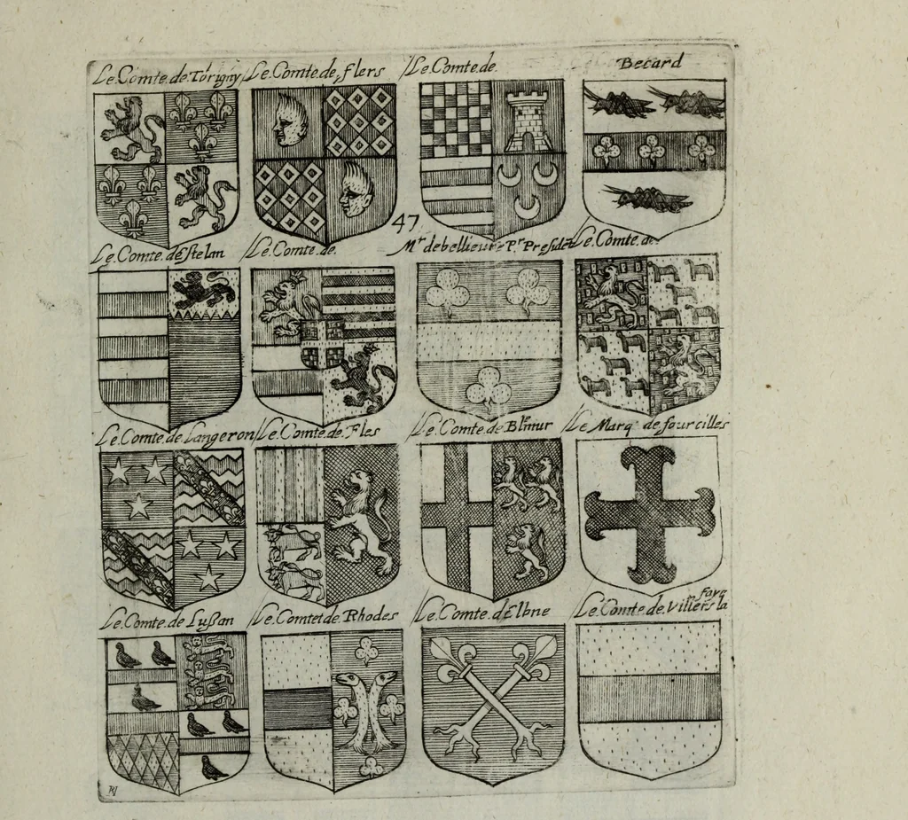 An illustration from Armorial vniuersel, contenant les armes des principales maisons, estatz, et dignitez, des plus considerables royaumes de l'Europe. Blazonnées de leurs métaux & couleurs et enrichies de leurs ornemens exterieurs, 1654, leaf 114