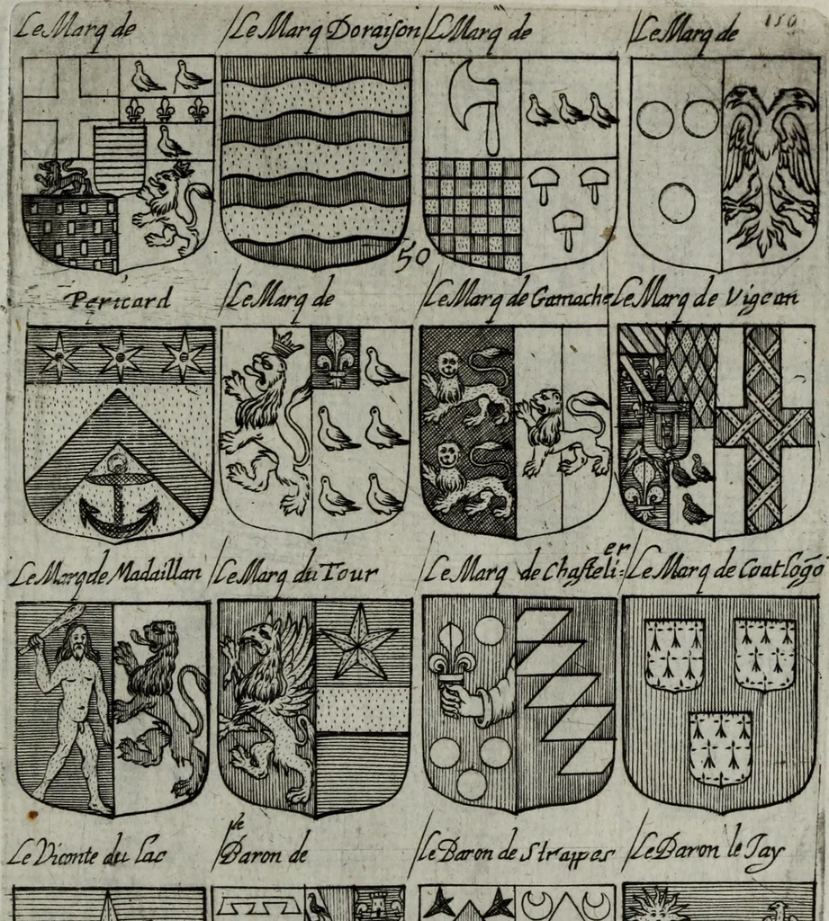 An illustration from Armorial vniuersel, contenant les armes des principales maisons, estatz, et dignitez, des plus considerables royaumes de l'Europe. Blazonnées de leurs métaux & couleurs et enrichies de leurs ornemens exterieurs, 1654, leaf 120
