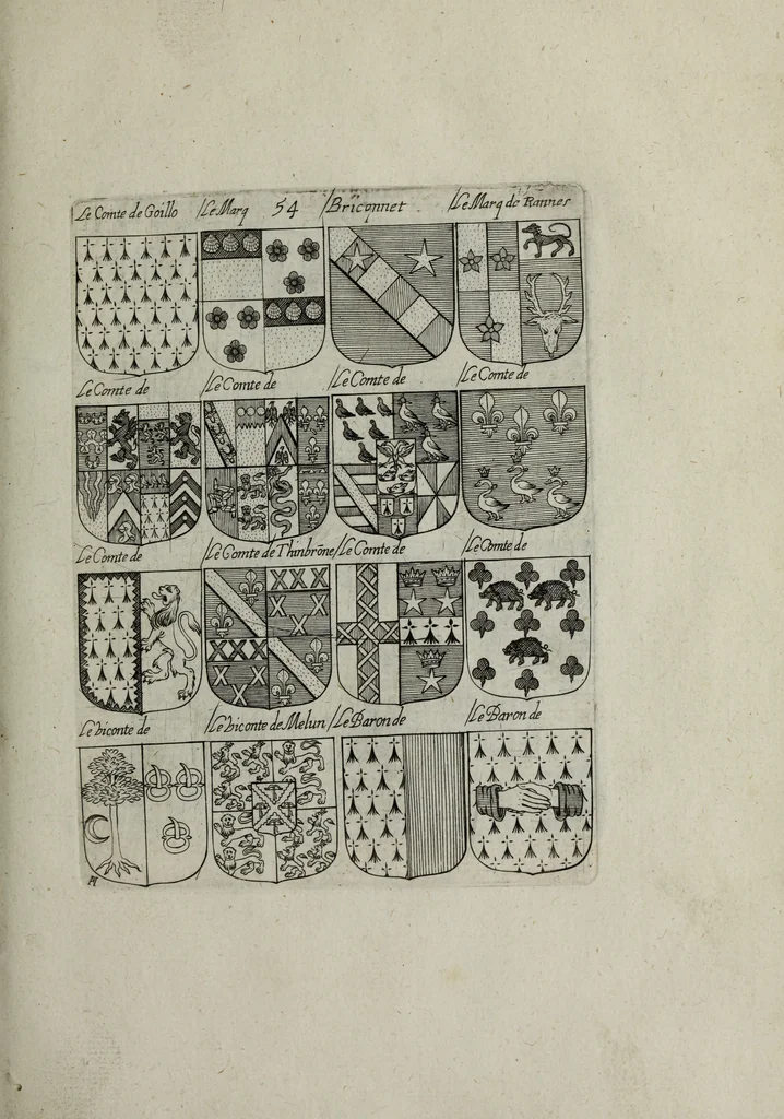 An illustration from Armorial vniuersel, contenant les armes des principales maisons, estatz, et dignitez, des plus considerables royaumes de l'Europe. Blazonnées de leurs métaux & couleurs et enrichies de leurs ornemens exterieurs, 1654, leaf 128
