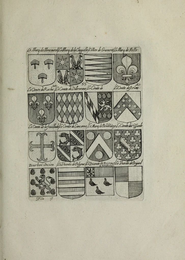 An illustration from Armorial vniuersel, contenant les armes des principales maisons, estatz, et dignitez, des plus considerables royaumes de l'Europe. Blazonnées de leurs métaux & couleurs et enrichies de leurs ornemens exterieurs, 1654, leaf 130