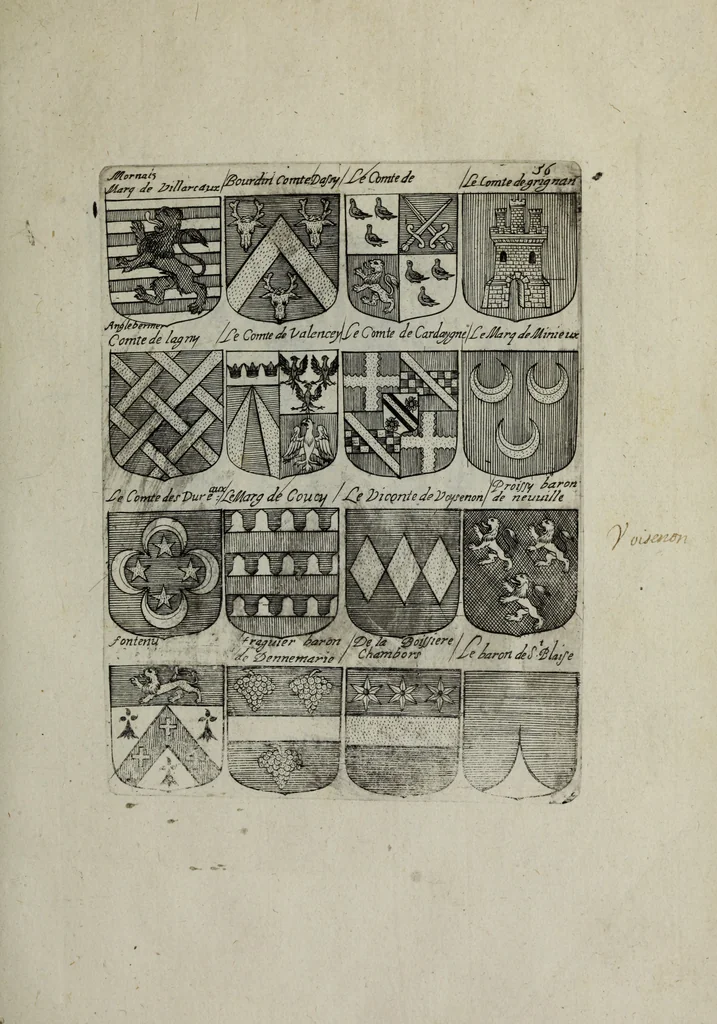 An illustration from Armorial vniuersel, contenant les armes des principales maisons, estatz, et dignitez, des plus considerables royaumes de l'Europe. Blazonnées de leurs métaux & couleurs et enrichies de leurs ornemens exterieurs, 1654, leaf 132