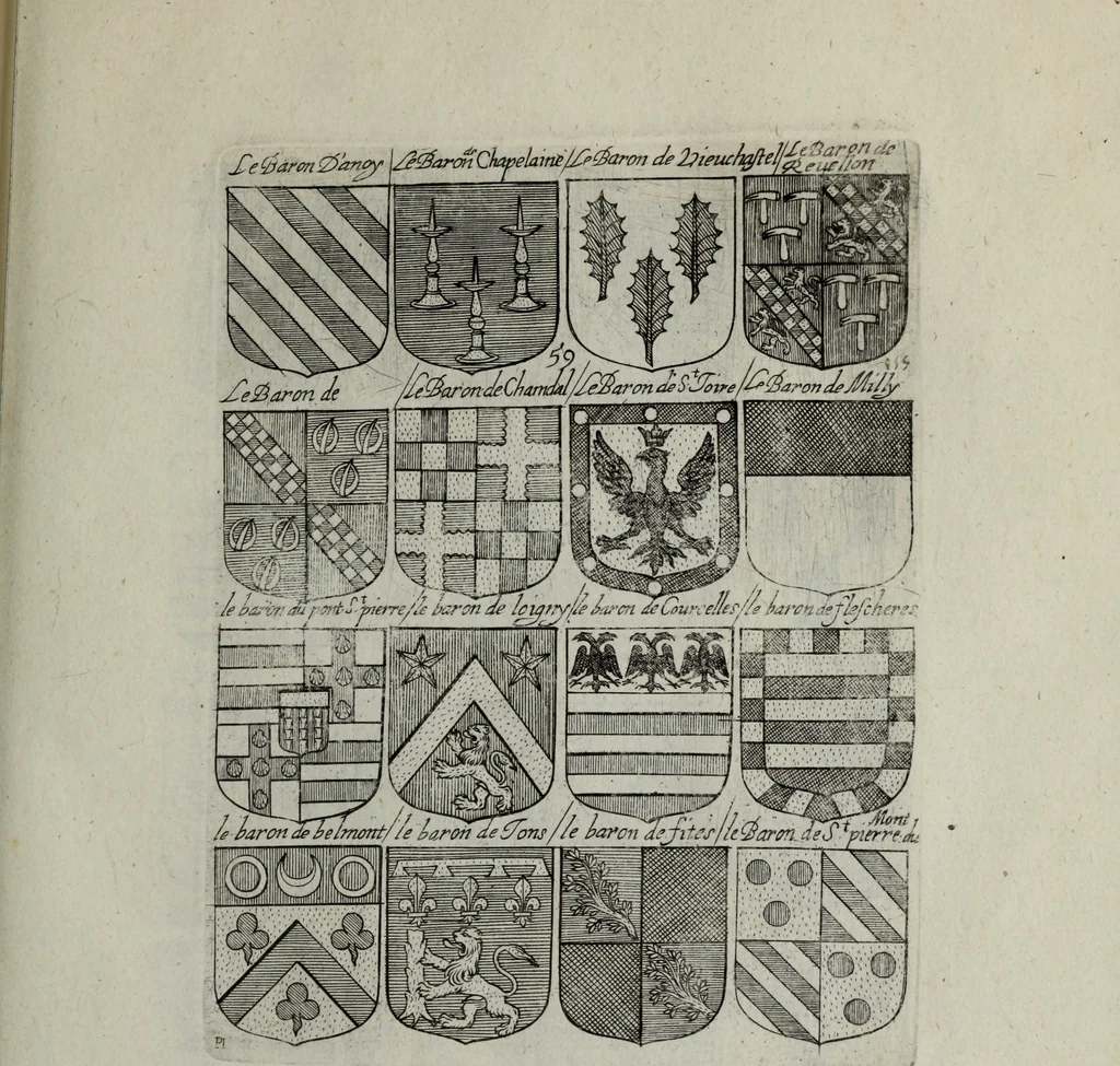 An illustration from Armorial vniuersel, contenant les armes des principales maisons, estatz, et dignitez, des plus considerables royaumes de l'Europe. Blazonnées de leurs métaux & couleurs et enrichies de leurs ornemens exterieurs, 1654, leaf 140