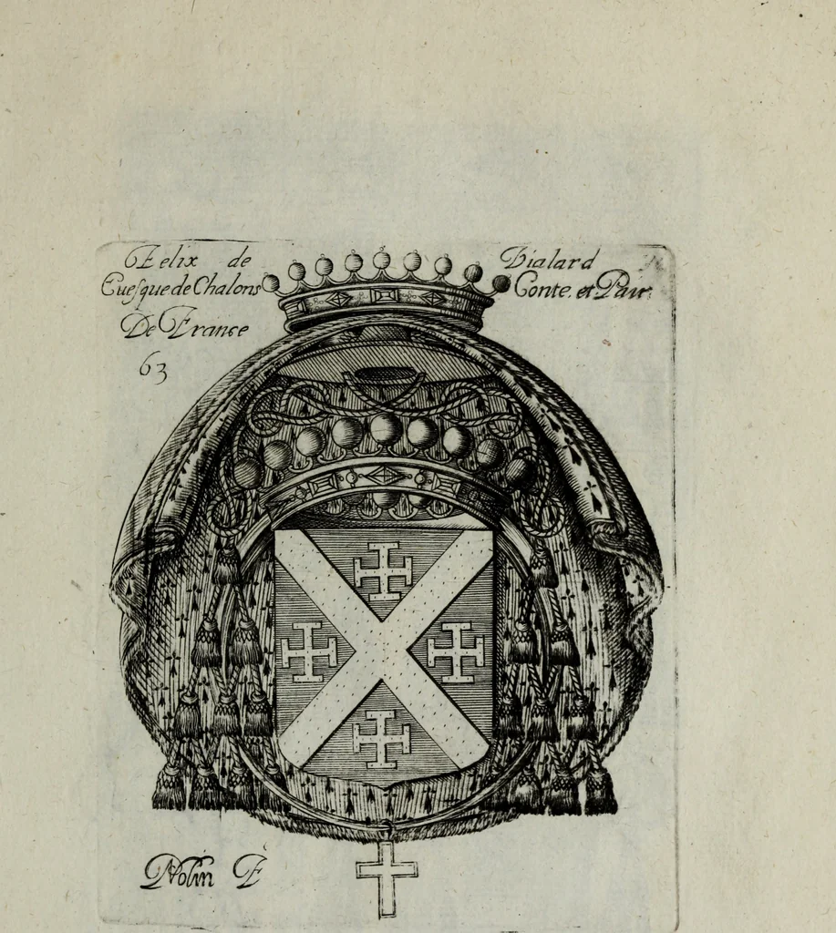 An illustration from Armorial vniuersel, contenant les armes des principales maisons, estatz, et dignitez, des plus considerables royaumes de l'Europe. Blazonnées de leurs métaux & couleurs et enrichies de leurs ornemens exterieurs, 1654, leaf 148