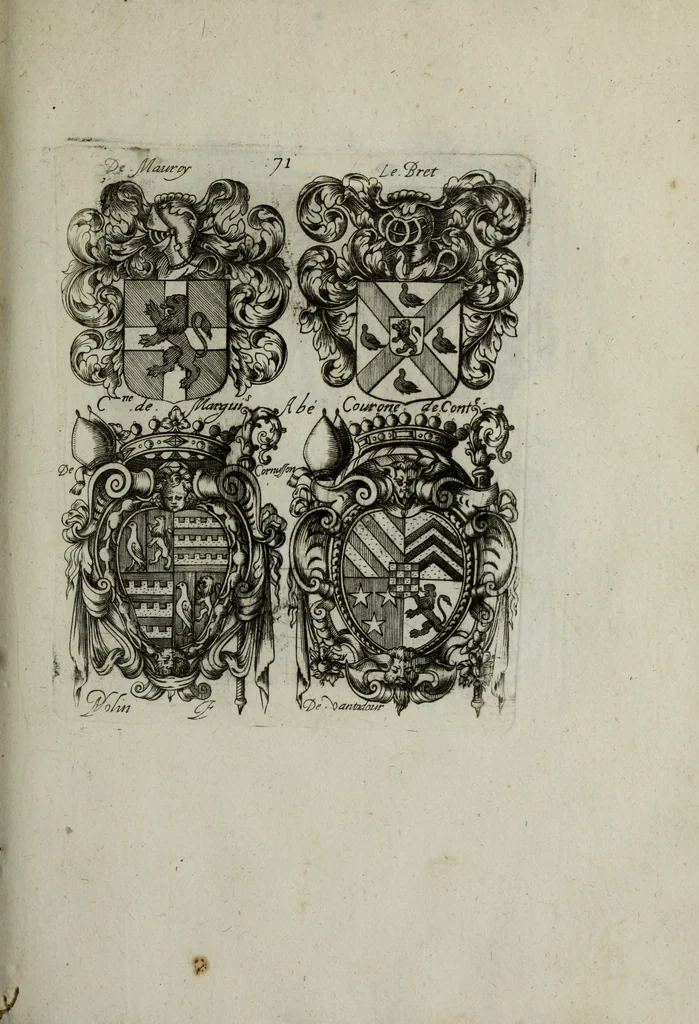 An illustration from Armorial vniuersel, contenant les armes des principales maisons, estatz, et dignitez, des plus considerables royaumes de l'Europe. Blazonnées de leurs métaux & couleurs et enrichies de leurs ornemens exterieurs, 1654, leaf 164