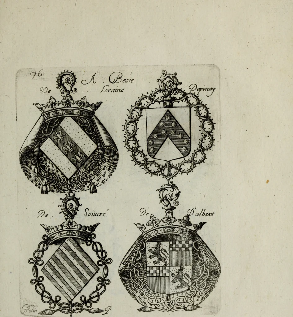 An illustration from Armorial vniuersel, contenant les armes des principales maisons, estatz, et dignitez, des plus considerables royaumes de l'Europe. Blazonnées de leurs métaux & couleurs et enrichies de leurs ornemens exterieurs, 1654, leaf 174