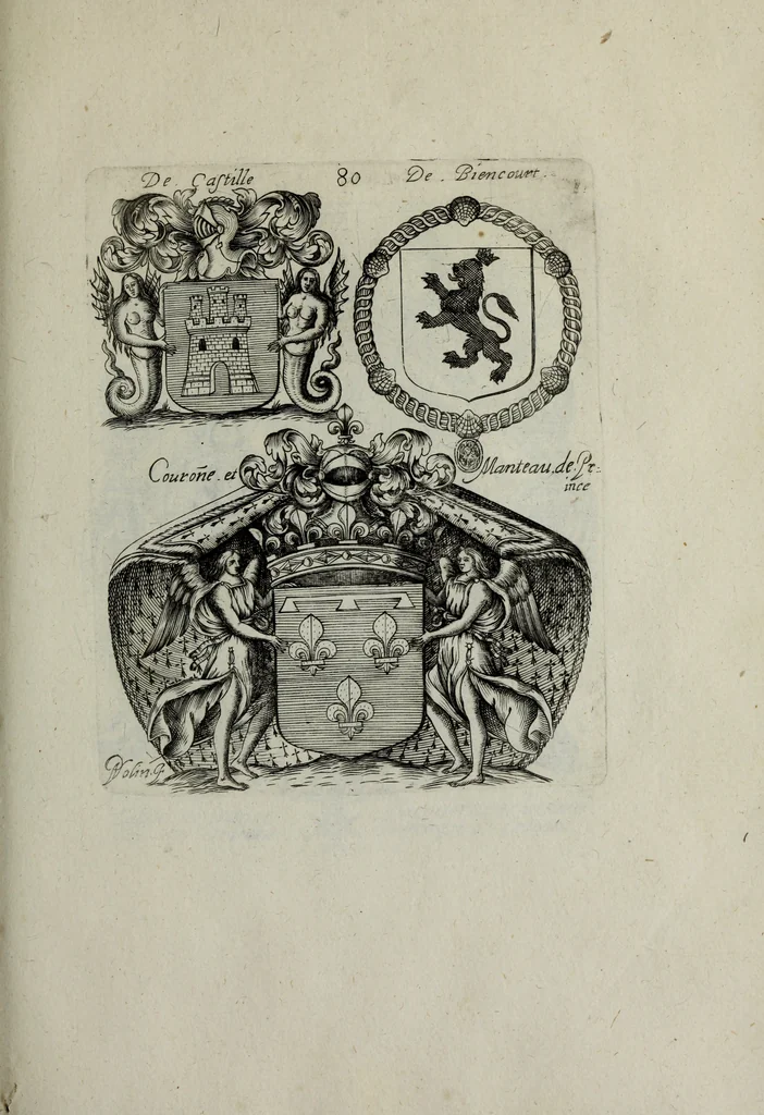 An illustration from Armorial vniuersel, contenant les armes des principales maisons, estatz, et dignitez, des plus considerables royaumes de l'Europe. Blazonnées de leurs métaux & couleurs et enrichies de leurs ornemens exterieurs, 1654, leaf 180