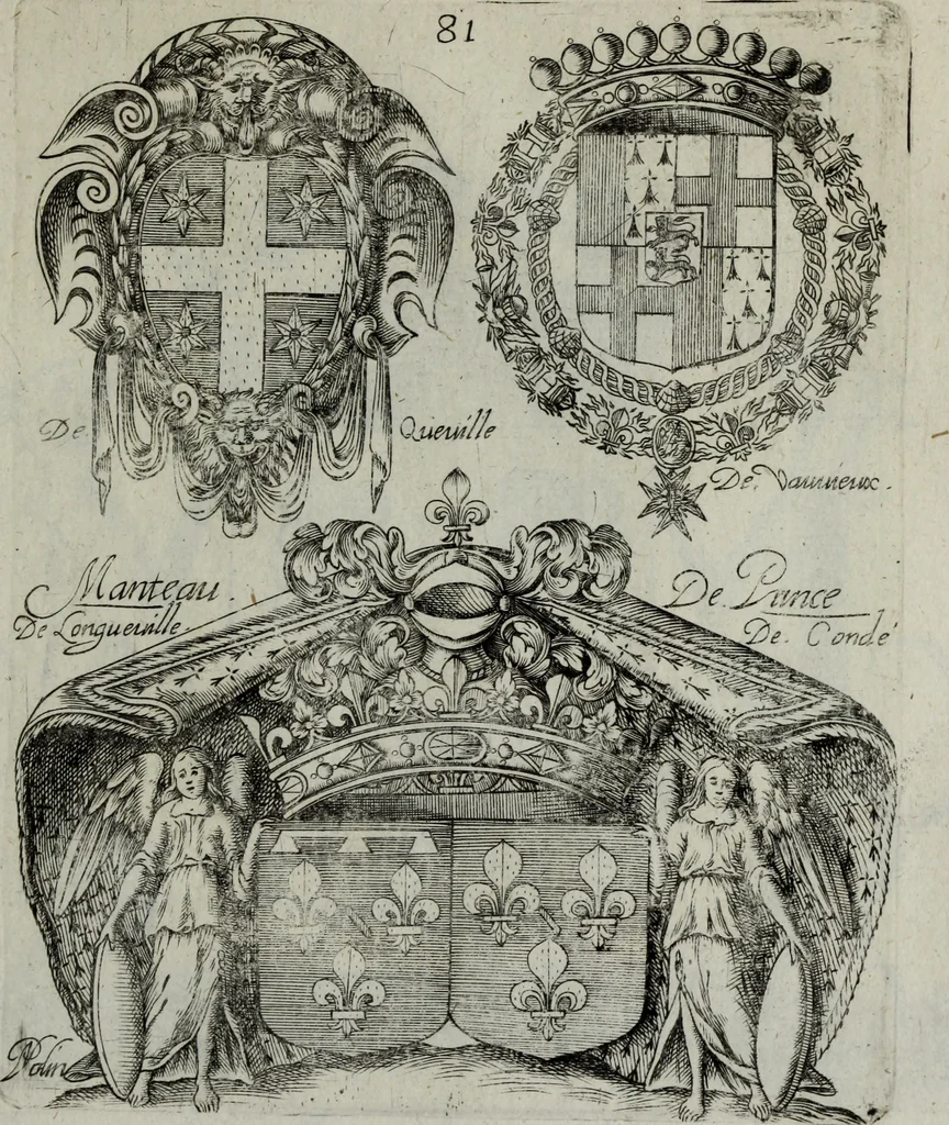 An illustration from Armorial vniuersel, contenant les armes des principales maisons, estatz, et dignitez, des plus considerables royaumes de l'Europe. Blazonnées de leurs métaux & couleurs et enrichies de leurs ornemens exterieurs, 1654, leaf 184